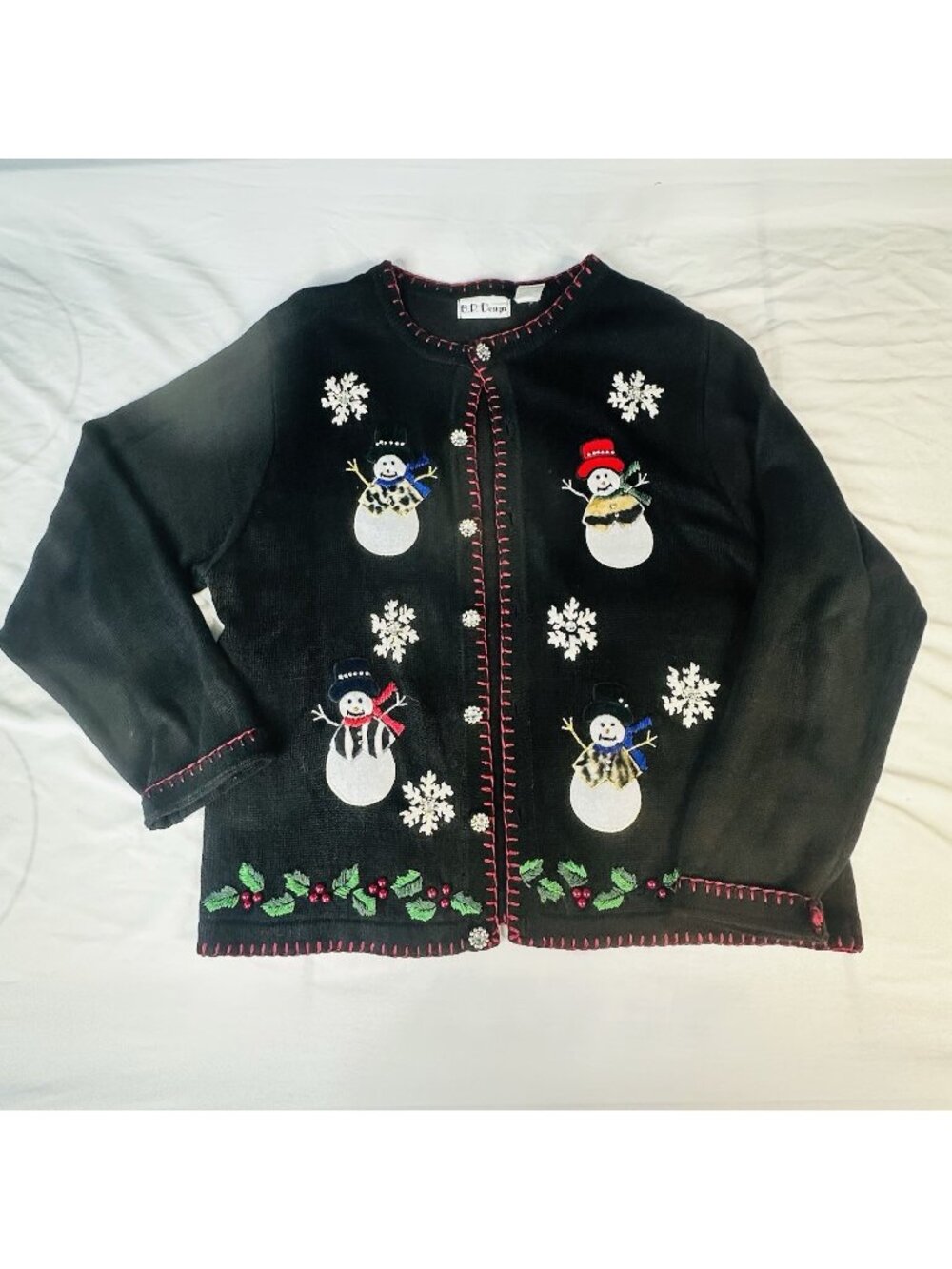 Women's Christmas Sweater Snowman Holly Crystal Accent Cardigan Button Up Large